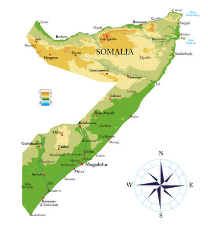 Highly detailed physical map of the Somalia,in vector format,with all the relief forms,regions and big cities.のイラスト素材