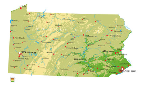 Pennsylvania highly detailed physical mapのイラスト素材