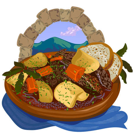 Irish national dish, meat with potatoes and carrots in a wooden plate, against the backdrop of a mountain landscape.のイラスト素材