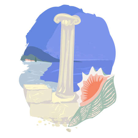 Seascape with sea shell and ancient Greek column.のイラスト素材