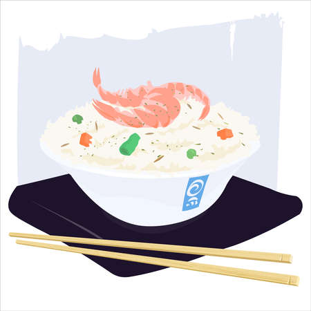 Shrimps with rice and vegetables in a ceramic bowl on a black stand. With chopsticks for sushi.のイラスト素材