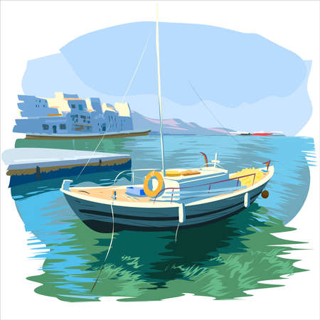 Moored yacht. Against the background of the summer sea harbor.のイラスト素材
