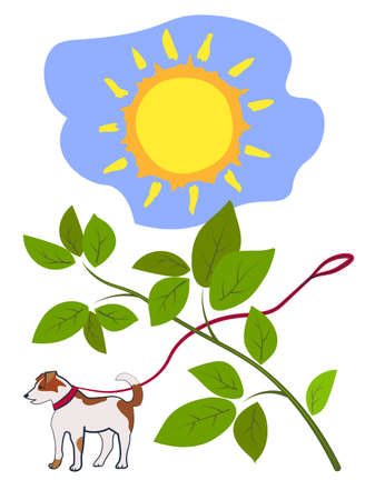 The sun, a dog on a leash, a branch with green leaves.のイラスト素材