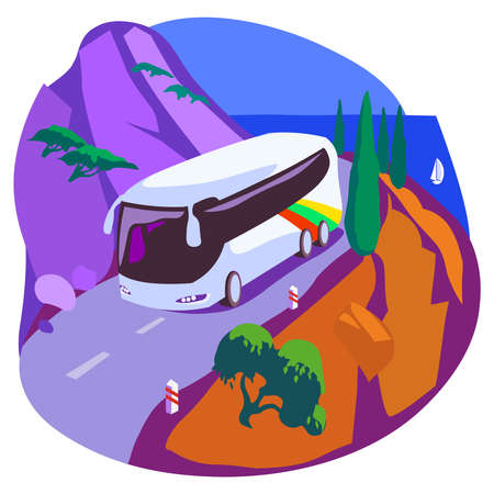 And plot from a summer vacation. Tourist bus on the mountain trail. Against the backdrop of the seascapeのイラスト素材