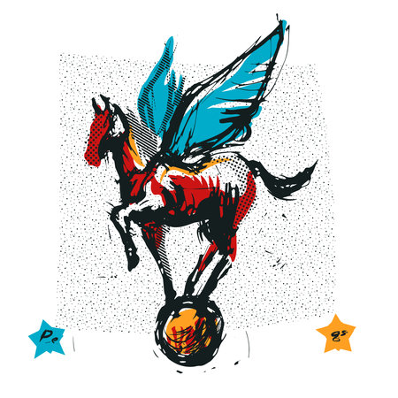 Pegasus standing on a small ball. On a white backgroundのイラスト素材