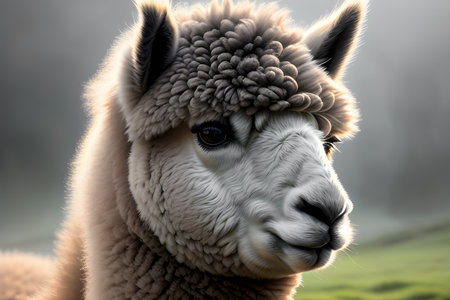 Very beautiful alpacas in the fog and with beautiful lighting.の素材