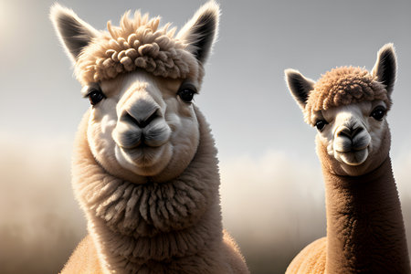Very beautiful alpacas in the fog and with beautiful lighting.の素材