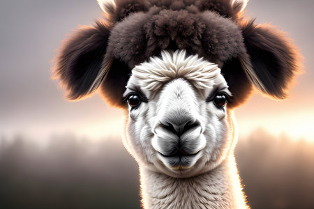 Very beautiful alpacas in the fog and with beautiful lighting.の素材