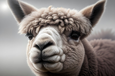 Very beautiful alpacas in the fog and with beautiful lighting.の素材