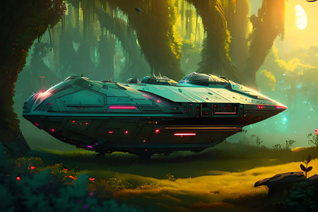 Illustration of a spaceship in a fairytale forest. Sci-Fiの素材