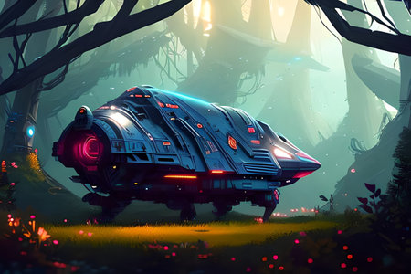 Illustration of a spaceship in a fairytale forest. Sci-Fiの素材