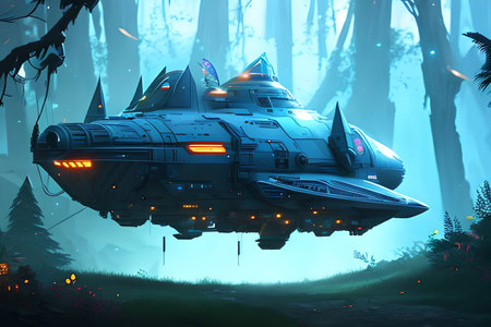 Illustration of a spaceship in a fairytale forest. Sci-Fiの素材