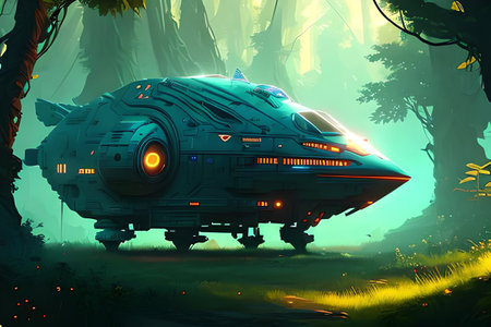 Illustration of a spaceship in a fairytale forest. Sci-Fiの素材