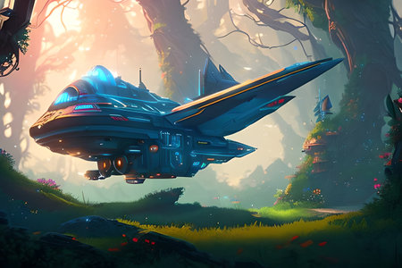 Illustration of a spaceship in a fairytale forest. Sci-Fiの素材