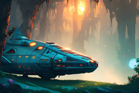 Illustration of a spaceship in a fairytale forest. Sci-Fiの素材