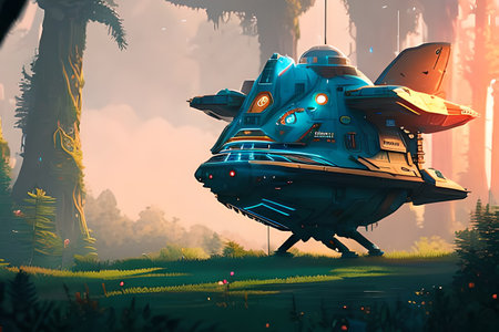 Illustration of a spaceship in a fairytale forest. Sci-Fiの素材