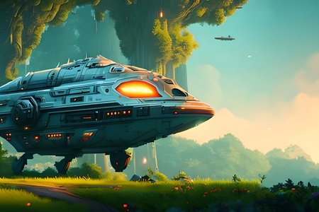 Illustration of a spaceship in a fairytale forest. Sci-Fiの素材