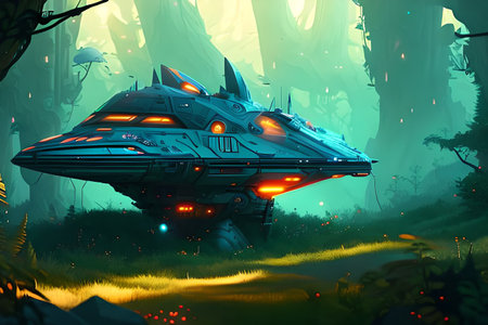 Illustration of a spaceship in a fairytale forest. Sci-Fiの素材