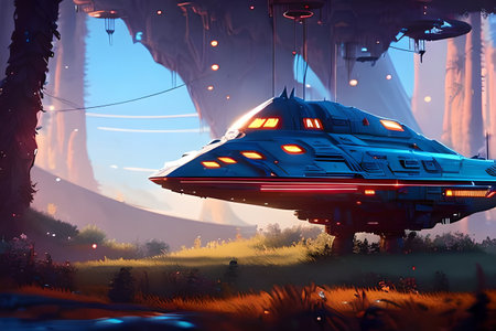 Illustration of a spaceship in a fairytale forest. Sci-Fiの素材