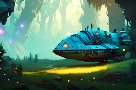 Illustration of a spaceship in a fairytale forest. Sci-Fiの素材