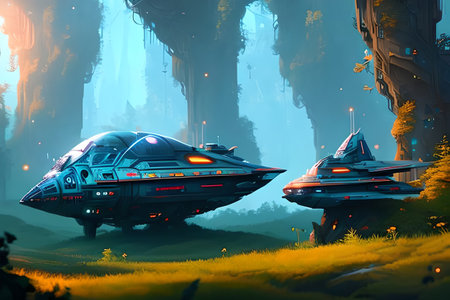 Illustration of a spaceship in a fairytale forest. Sci-Fiの素材