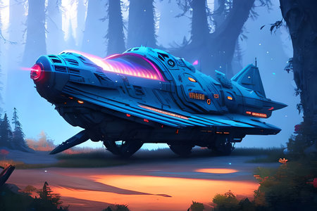 Illustration of a spaceship in a fairytale forest. Sci-Fiの素材