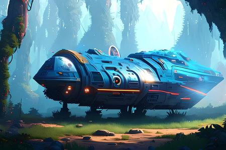 Illustration of a spaceship in a fairytale forest. Sci-Fiの素材