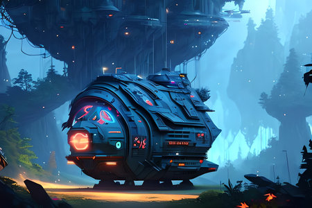 Illustration of a spaceship in a fairytale forest. Sci-Fiの素材