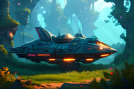 Illustration of a spaceship in a fairytale forest. Sci-Fiの素材