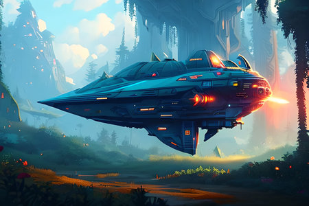 Illustration of a spaceship in a fairytale forest. Sci-Fiの素材