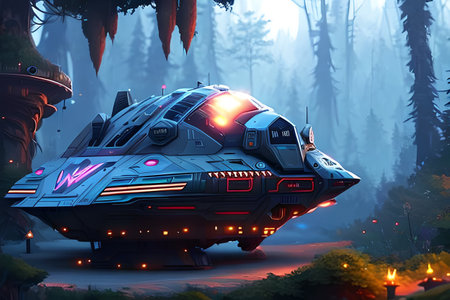 Illustration of a spaceship in a fairytale forest. Sci-Fiの素材