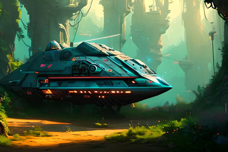 Illustration of a spaceship in a fairytale forest. Sci-Fiの素材