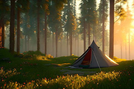 Tent in the middle of a fairy-tale forestの素材