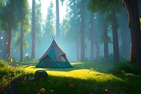Tent in the middle of a fairy-tale forestの素材