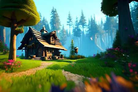 House in the middle of a fairy-tale forest, a very beautiful illustration. Cartoon style.の素材