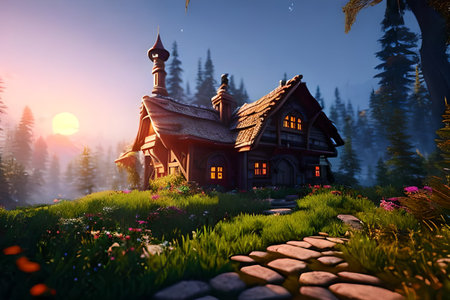 House in the middle of a fairy-tale forest, a very beautiful illustration. Cartoon style.の素材