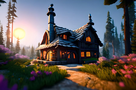 House in the middle of a fairy-tale forest, a very beautiful illustration. Cartoon style.の素材
