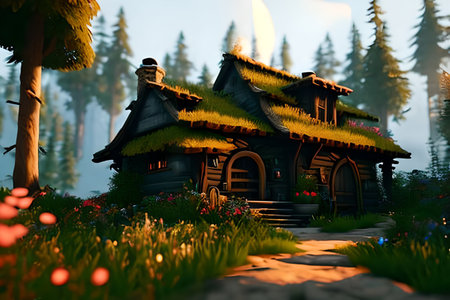 House in the middle of a fairy-tale forest, a very beautiful illustration. Cartoon style.の素材