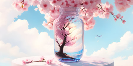 Art illustration, with flowers for the presentation of cosmetics.の素材