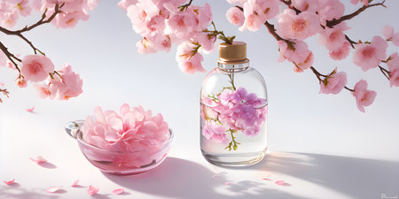 Art illustration, with flowers for the presentation of cosmetics.の素材