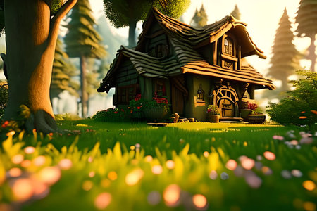 House in the middle of a fairy-tale forest, a very beautiful illustration. Cartoon style.の素材