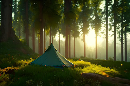 Tent in the middle of a fairy-tale forestの素材