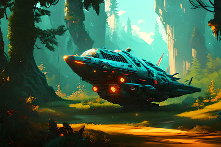 Illustration of a spaceship in a fairytale forest. Sci-Fiの素材