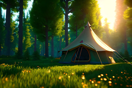 Tent in the middle of a fairy-tale forestの素材
