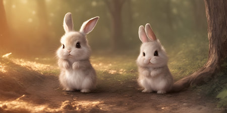 Beautiful rabbits, in a fairy-tale forestの素材