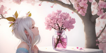 Illustration, a very beautiful girl, against the background of a tree with pink flowers.の素材