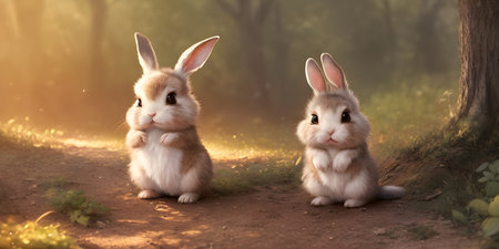 Beautiful rabbits, in a fairy-tale forestの素材