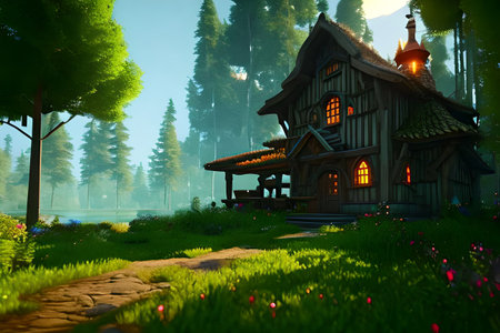 House in the middle of a fairy-tale forest, a very beautiful illustration. Cartoon style.の素材