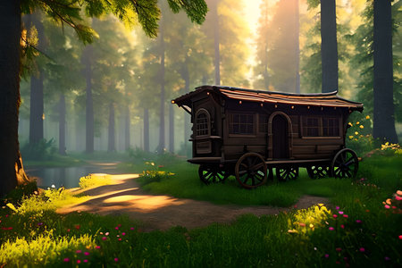 A wagon in the middle of a fairy-tale forestの素材