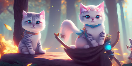 Very cute and beautiful kittens in a fairy-tale forestの素材